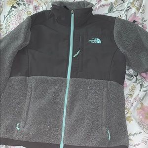 Teal and grey north face zip up jacket